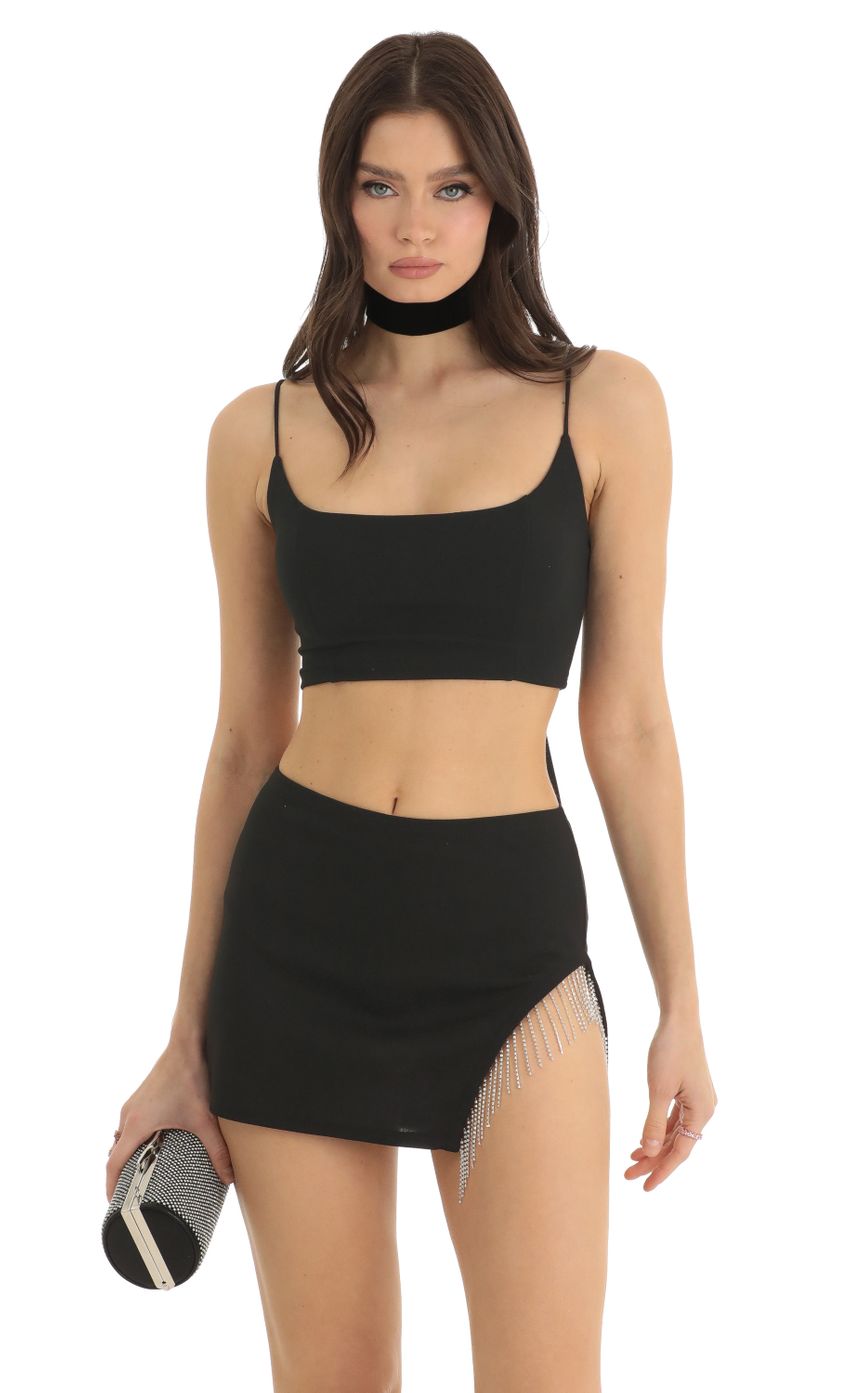 Picture Sora Rhinestone Two Piece Skirt Set in Black. Source: https://media.lucyinthesky.com/data/Dec22/850xAUTO/eb03fbc8-d422-4e71-88e0-7e3b049c6b32.jpg