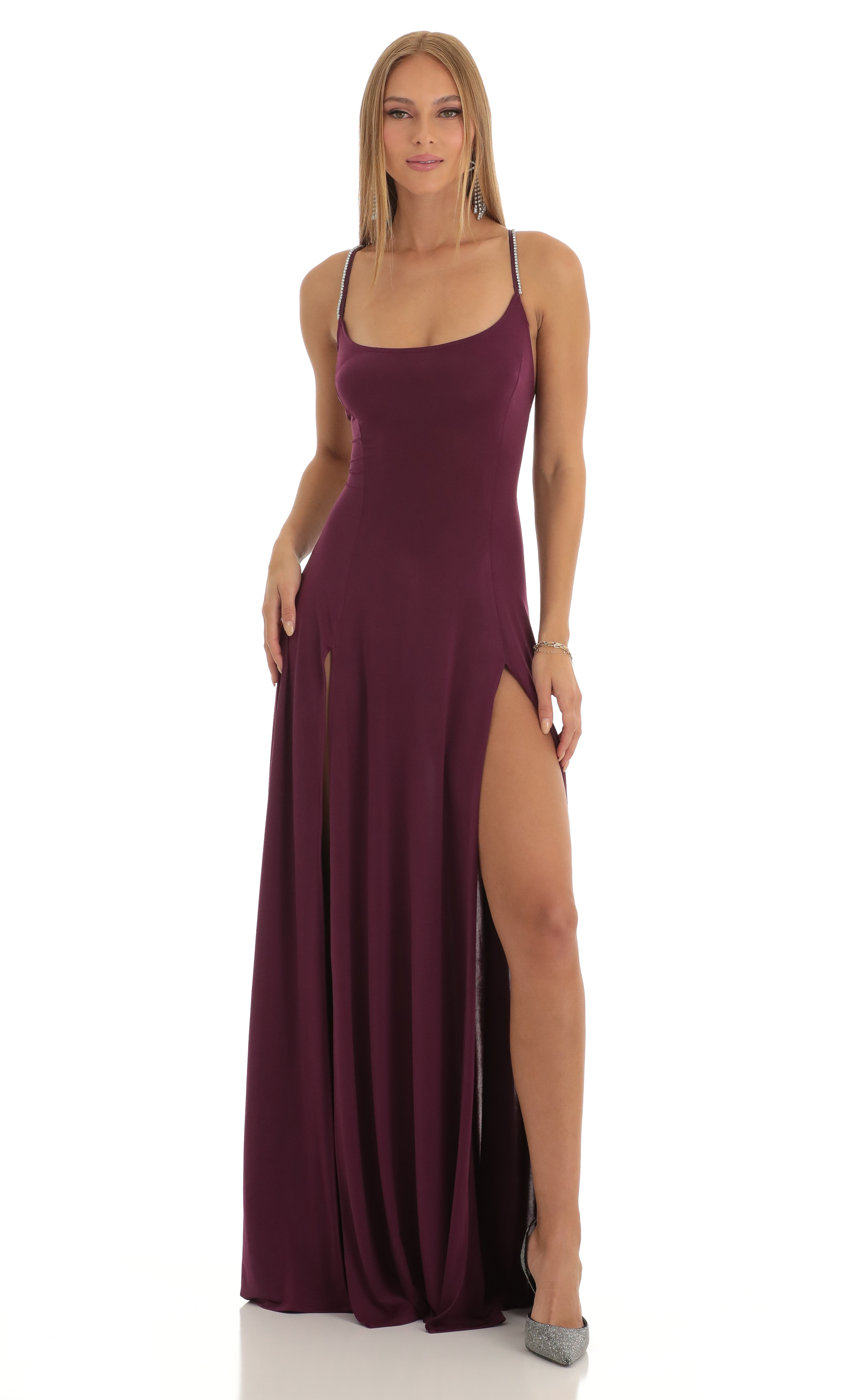 Dior Rhinestone Slit Maxi Dress in Purple