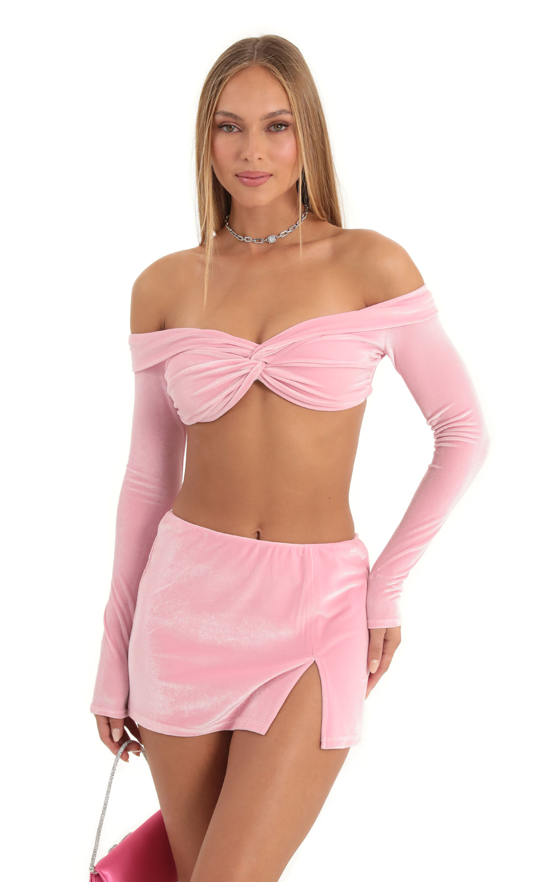 Katya Velvet Two Piece Skirt Set in Pink