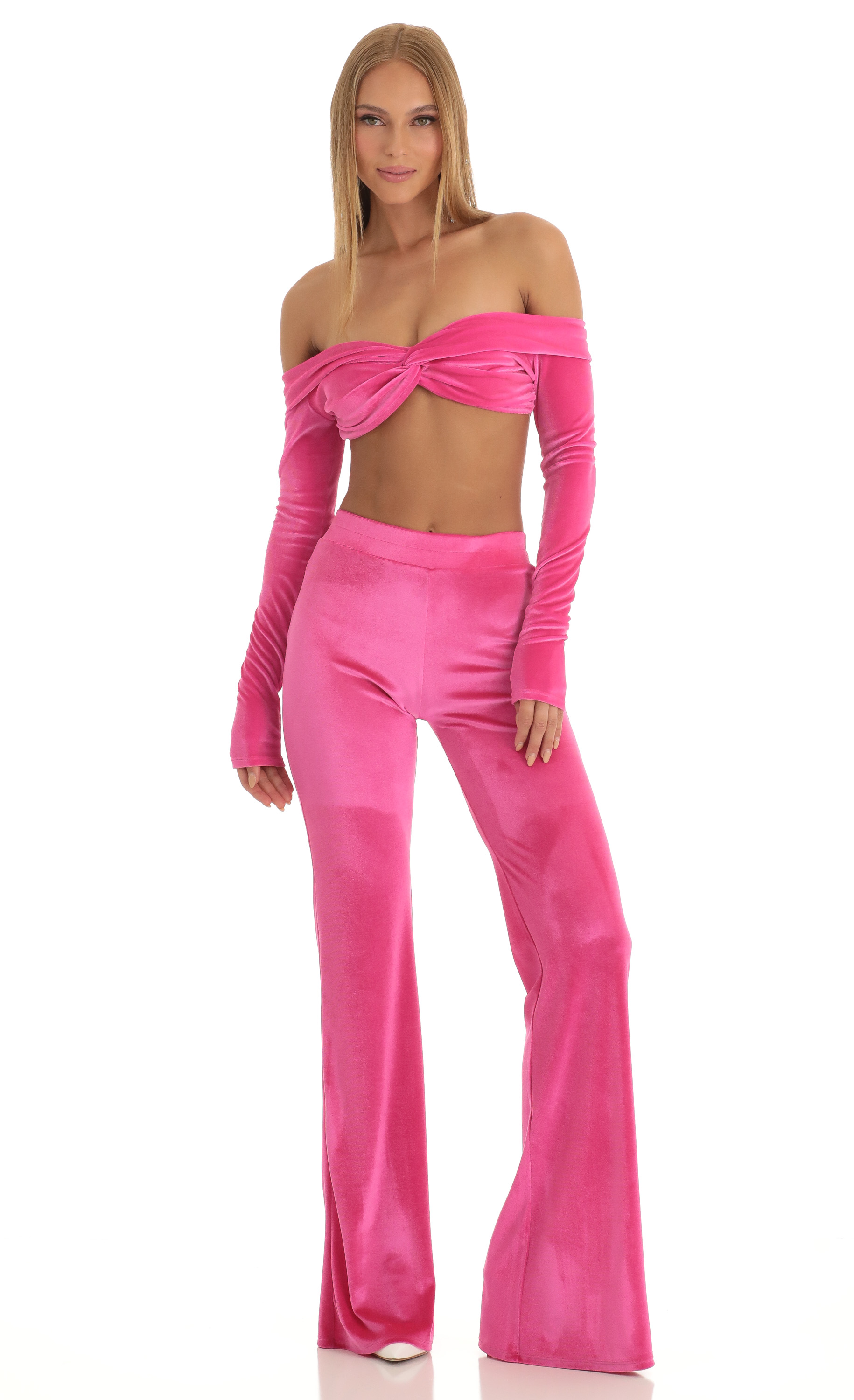 Zayla Velvet Two Piece Pant Set in Hot Pink