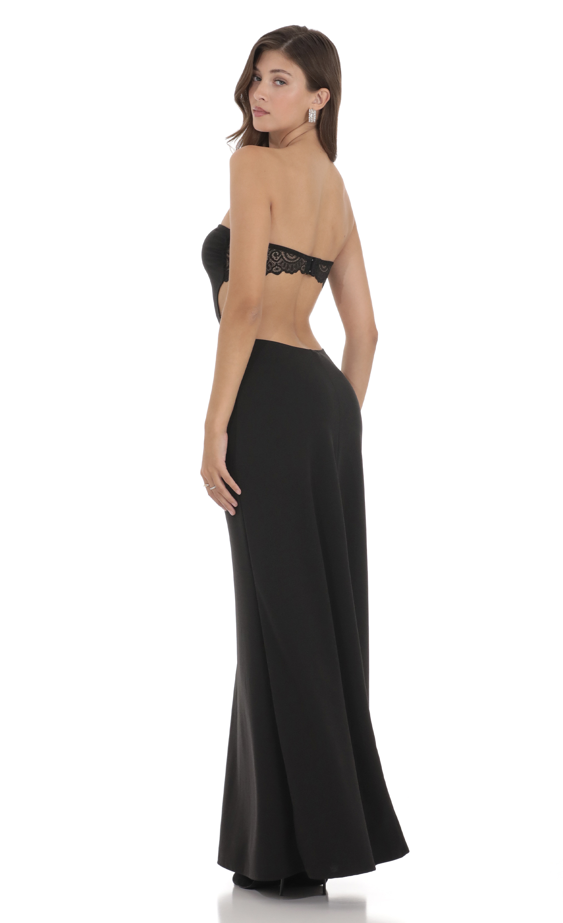 Strapless Lace Hook Maxi Dress in Black