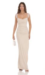 Picture Suede Draped Lace Maxi Dress in Cream. Source: https://media.lucyinthesky.com/data/Dec23/150xAUTO/8b5aa8e1-8306-43e3-b8d0-3f62c7f163c8.jpg