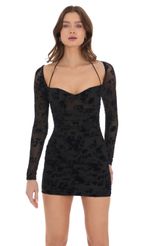Picture Mesh Velvet Floral Ruched Dress in Black. Source: https://media.lucyinthesky.com/data/Dec23/150xAUTO/c66ea0d2-9968-4a15-a884-a0d50a36b463.jpg