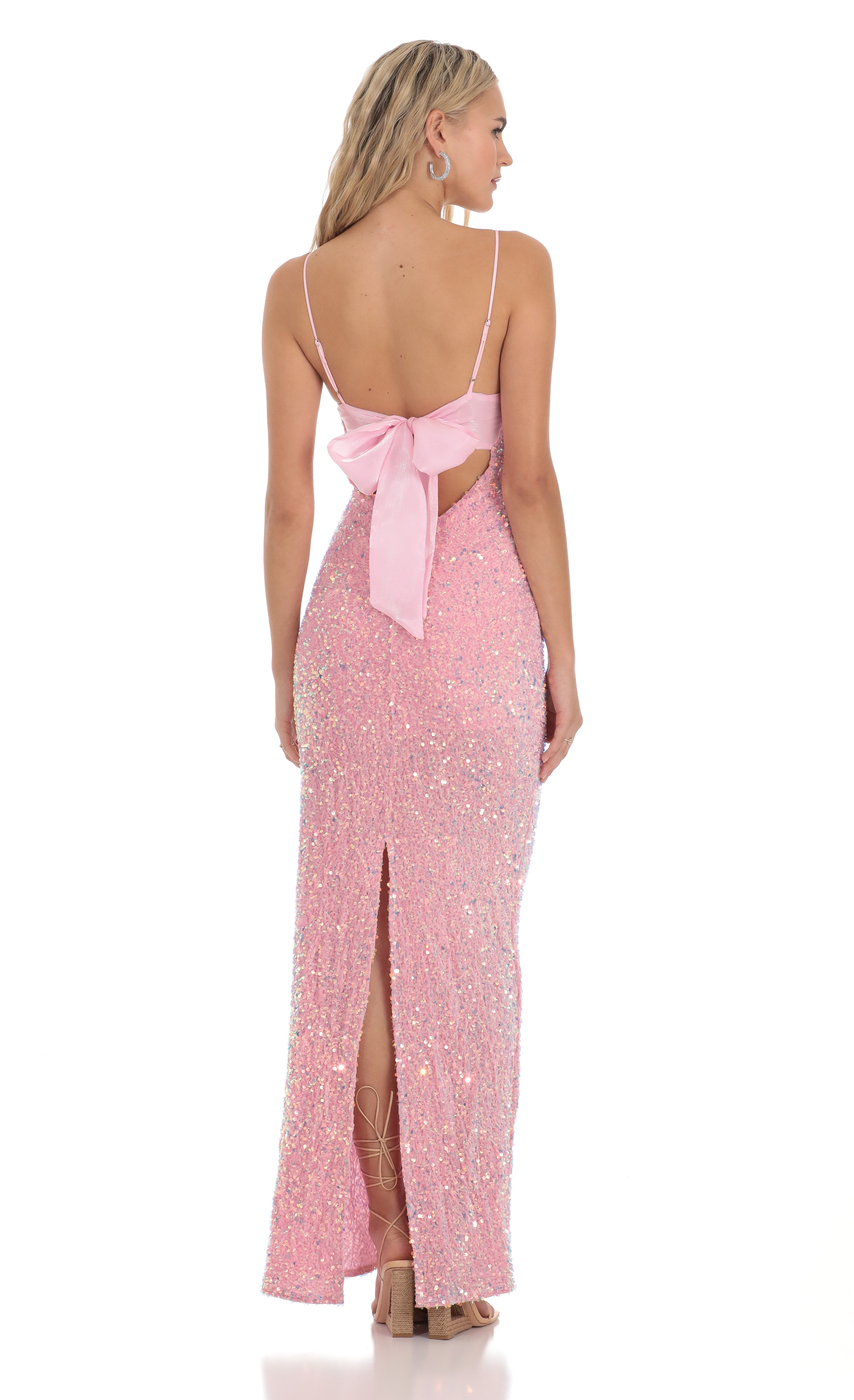 Velvet Sequin Back Bow Maxi Dress in Pink