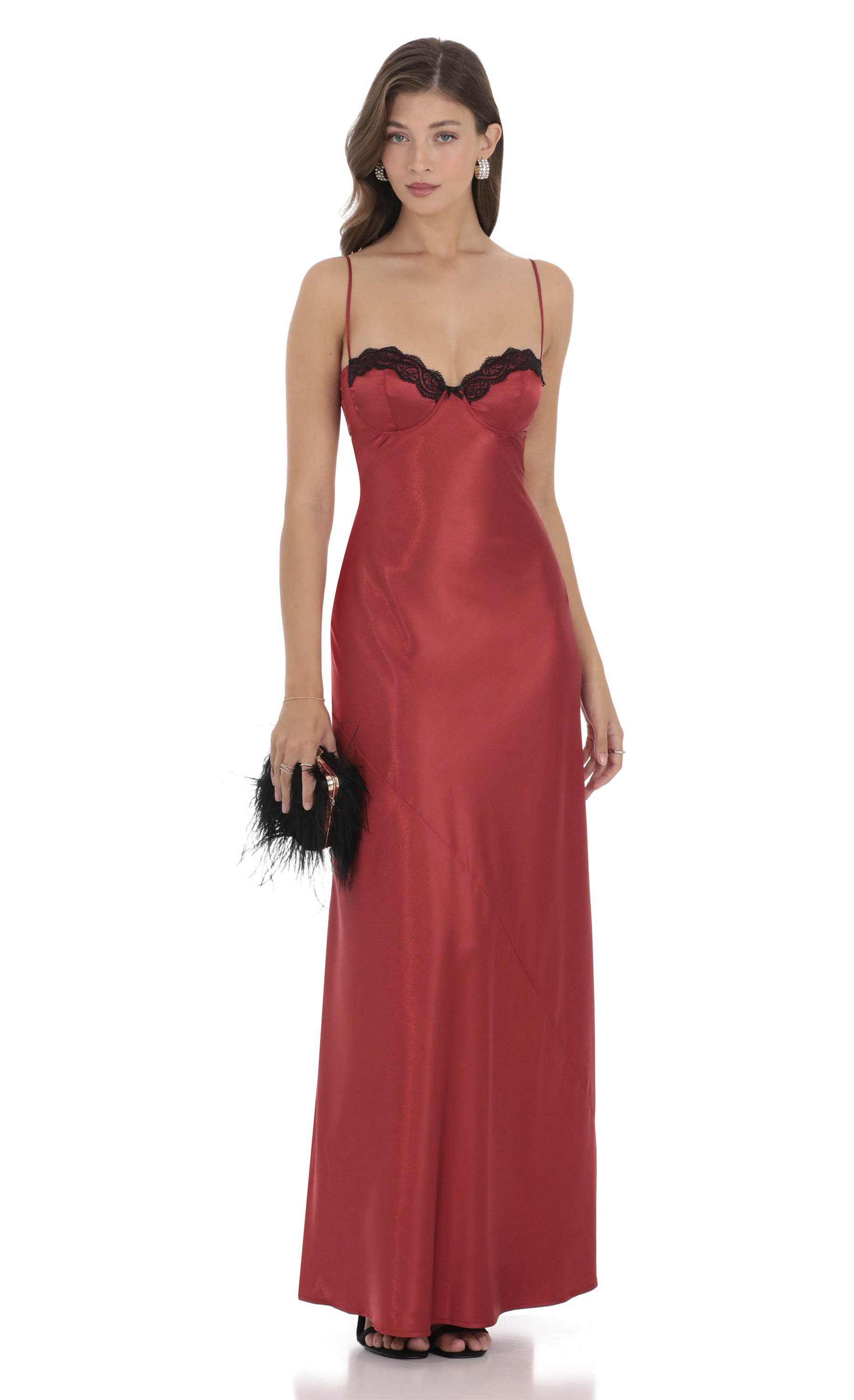 Satin Lace Open Back Maxi Dress in Red