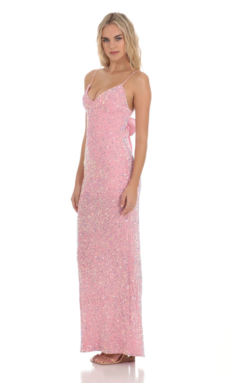 Velvet Sequin Back Bow Maxi Dress in Pink | LUCY IN THE SKY