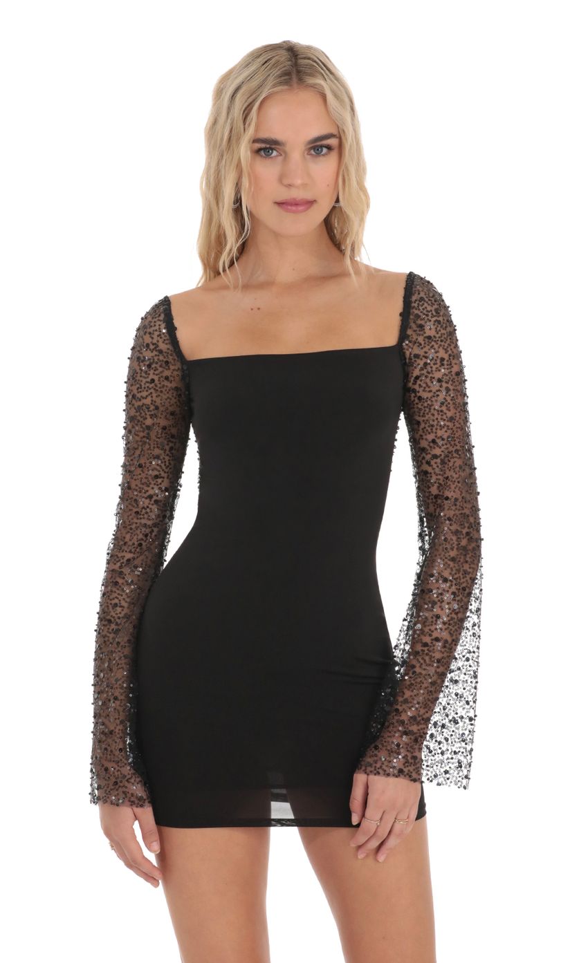 Picture Pauline Sequin Long Sleeve Dress in Black. Source: https://media.lucyinthesky.com/data/Dec23/850xAUTO/40558682-740f-4d4a-aeaa-3aed85f09866.jpg