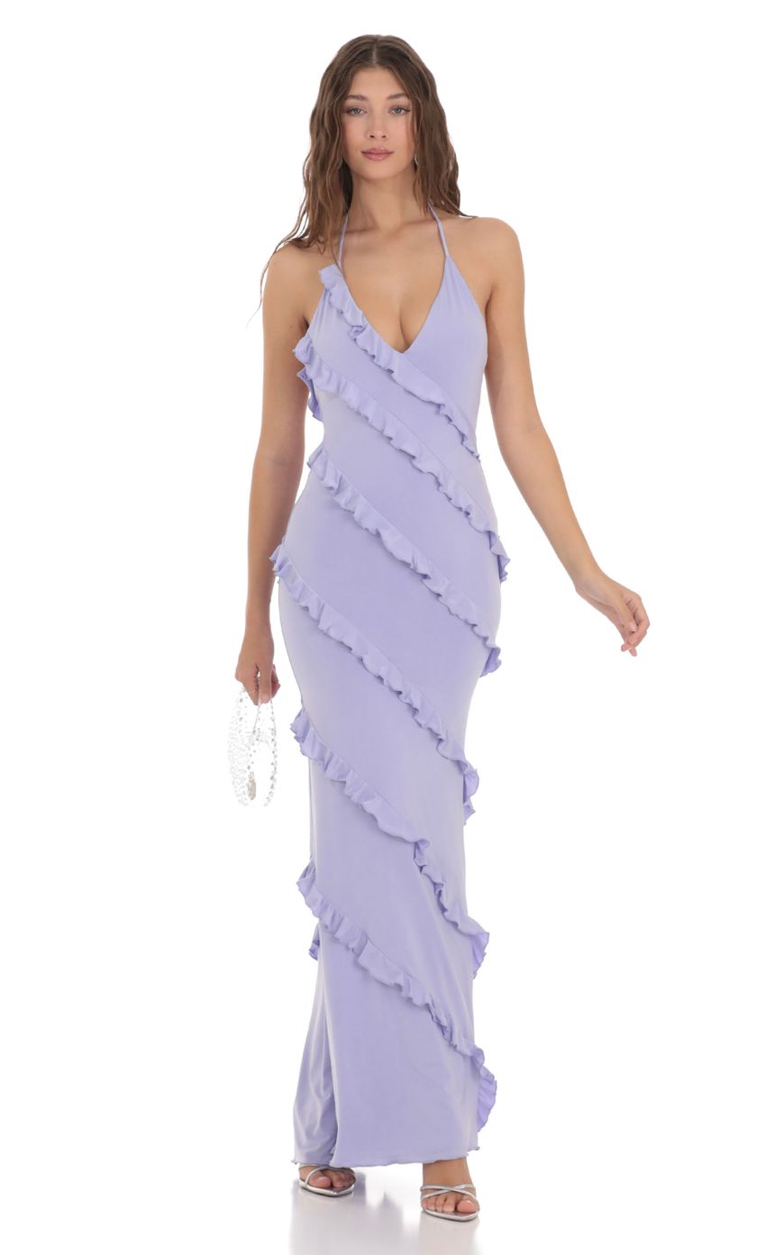 Picture Ruffle Halter Maxi Dress in Periwinkle. Source: https://media.lucyinthesky.com/data/Dec23/850xAUTO/5cfc121f-5fd2-4ef6-a447-c2e305f817c1.jpg