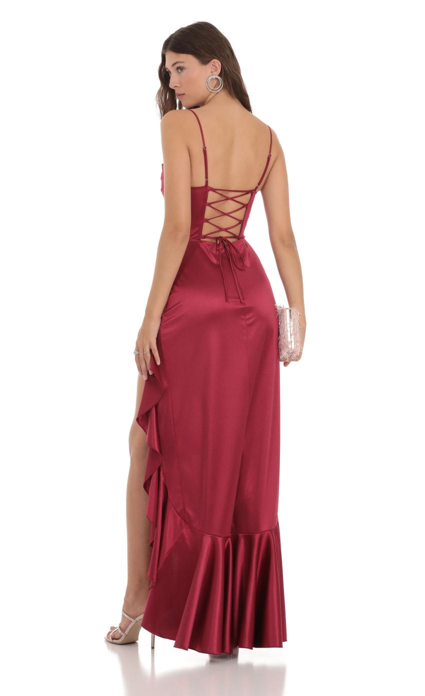 Picture Satin Ruffle Maxi Dress in Maroon. Source: https://media.lucyinthesky.com/data/Dec23/850xAUTO/694824c1-c326-46b4-b76c-1d76dca4df0e.jpg