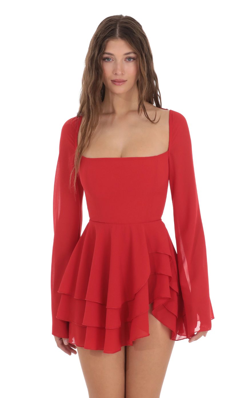 Picture Chiffon Bell Sleeve Dress in Red. Source: https://media.lucyinthesky.com/data/Dec23/850xAUTO/70f81663-67ed-43a6-99c6-0c08804f2256.jpg