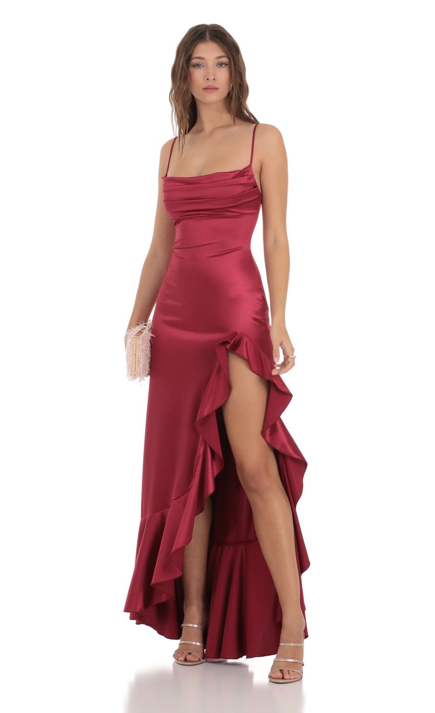Picture Satin Ruffle Maxi Dress in Maroon. Source: https://media.lucyinthesky.com/data/Dec23/850xAUTO/951dd3a6-4ba9-4817-a991-8fef44aa3313.jpg