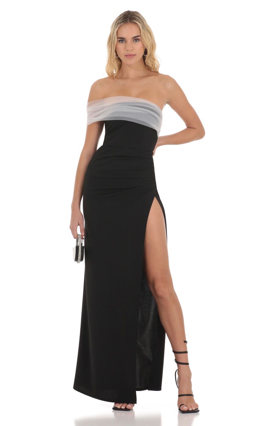 Picture Off Shoulder Tulle Sleeve Maxi Dress in Black. Source: https://media.lucyinthesky.com/data/Dec23/850xAUTO/a73e7e51-9048-49ff-bad2-9b9a242fbc81.jpg
