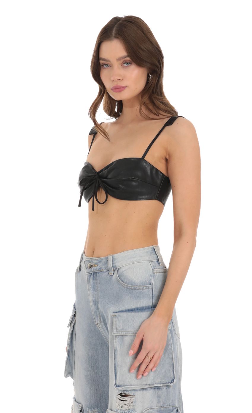 Picture Faux Leather Bralette Top in Black. Source: https://media.lucyinthesky.com/data/Dec23/850xAUTO/b64c02b7-726d-40d2-ac83-4a30aa44d5f1.jpg