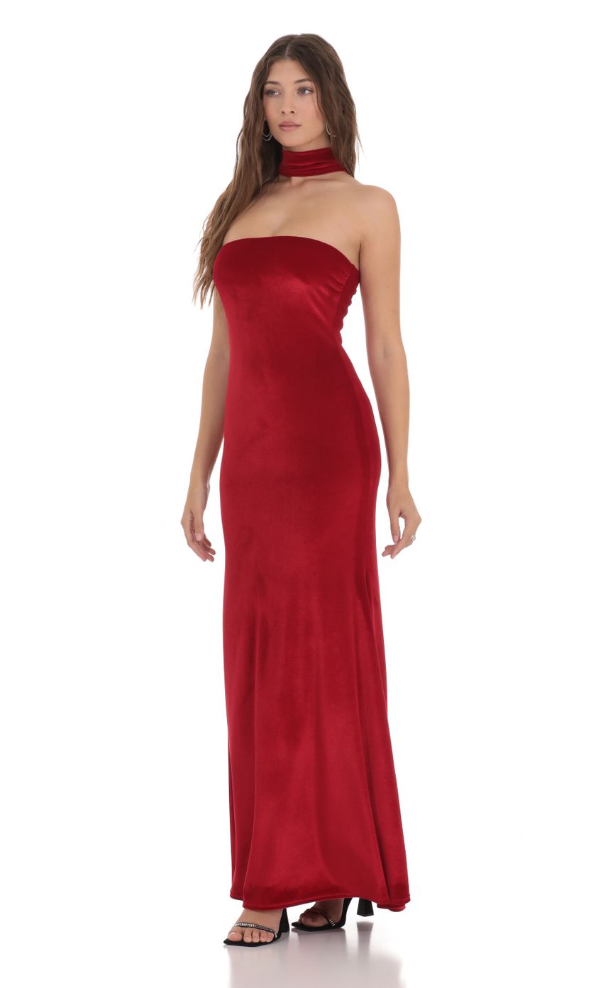 Picture Velvet Reverse Halter Maxi Dress in Red. Source: https://media.lucyinthesky.com/data/Dec23/850xAUTO/c2f6a58a-f84a-4f11-8381-c45e4ac7dfc9.jpg