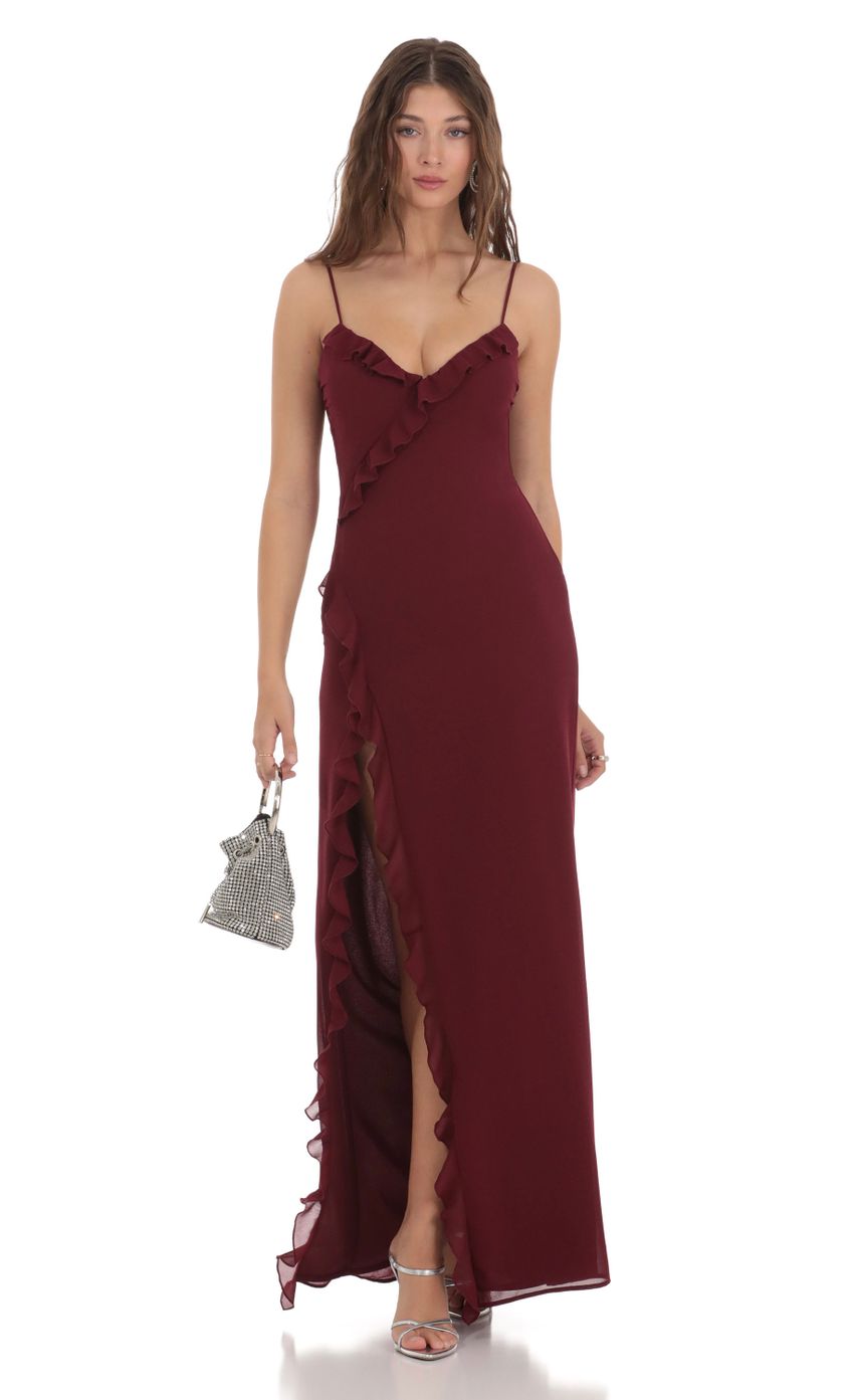 Picture Ruffle V-Neck Maxi Dress in Burgundy. Source: https://media.lucyinthesky.com/data/Dec23/850xAUTO/db216632-fed3-4587-bc12-06f56616eee1.jpg