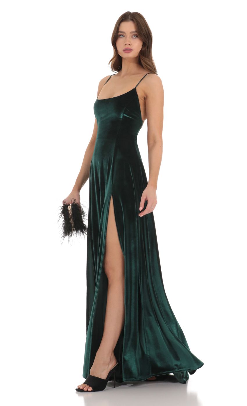 Picture Velvet Double Slit Maxi Dress in Green. Source: https://media.lucyinthesky.com/data/Dec23/850xAUTO/e2b87f8f-eb37-4c99-b4fe-d570c9d82d50.jpg