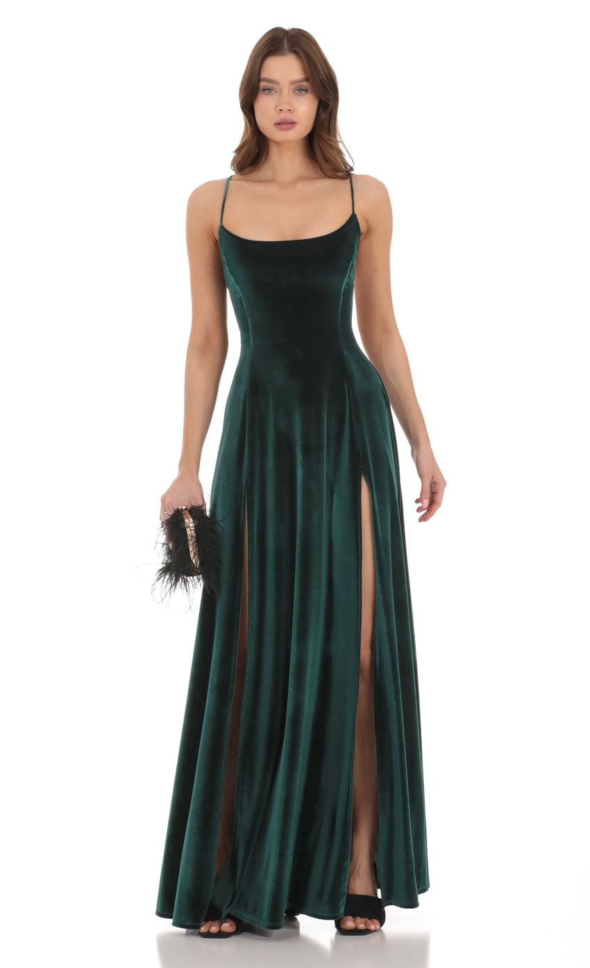 Picture Velvet Double Slit Maxi Dress in Green. Source: https://media.lucyinthesky.com/data/Dec23/850xAUTO/e8c100a9-ac28-4e60-a72f-fa19a31663e0.jpg