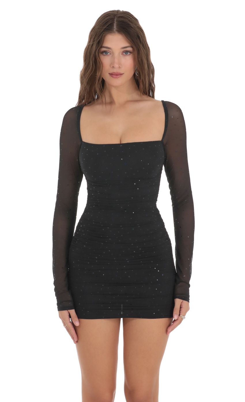 Picture Shimmer Mesh Ruched Dress in Black. Source: https://media.lucyinthesky.com/data/Dec23/850xAUTO/e92da42e-894f-4d0f-a3f6-0d0cabd1edb7.jpg