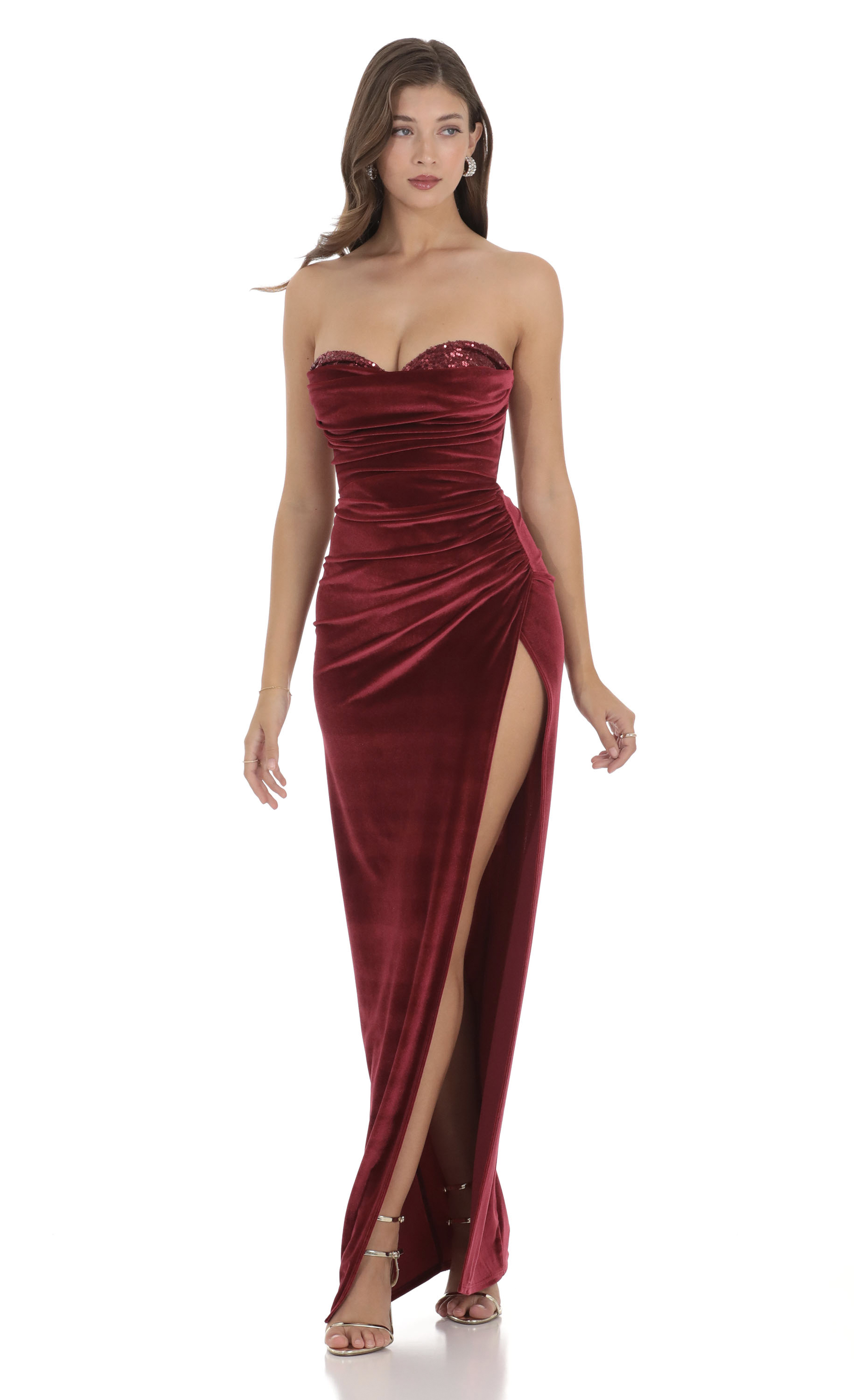Strapless Velvet Sequin Bust Maxi Dress in Maroon