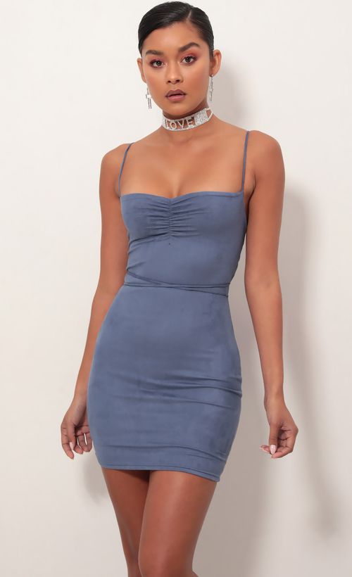 Kendall Suede Bodycon Dress in Blue