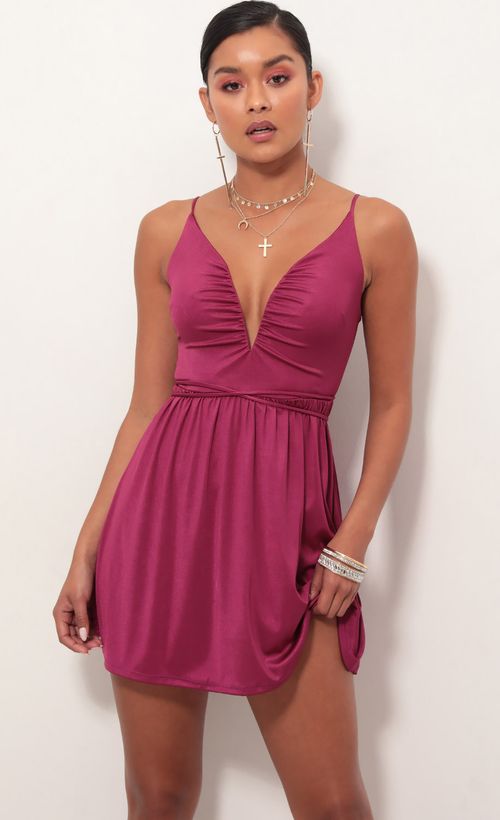 Picture Low V Plunge Dress In Fuchsia suede. Source: https://media.lucyinthesky.com/data/Feb19_1/500xAUTO/781A7959.JPG