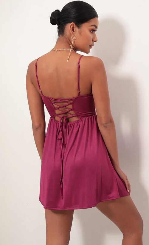 Picture Low V Plunge Dress In Fuchsia suede. Source: https://media.lucyinthesky.com/data/Feb19_1/500xAUTO/781A8015.JPG