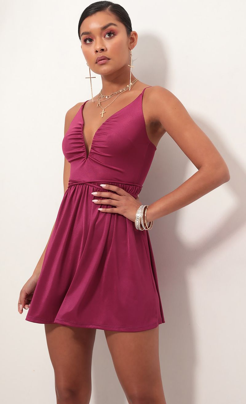 Picture Low V Plunge Dress In Fuchsia suede. Source: https://media.lucyinthesky.com/data/Feb19_1/800xAUTO/781A7980.JPG
