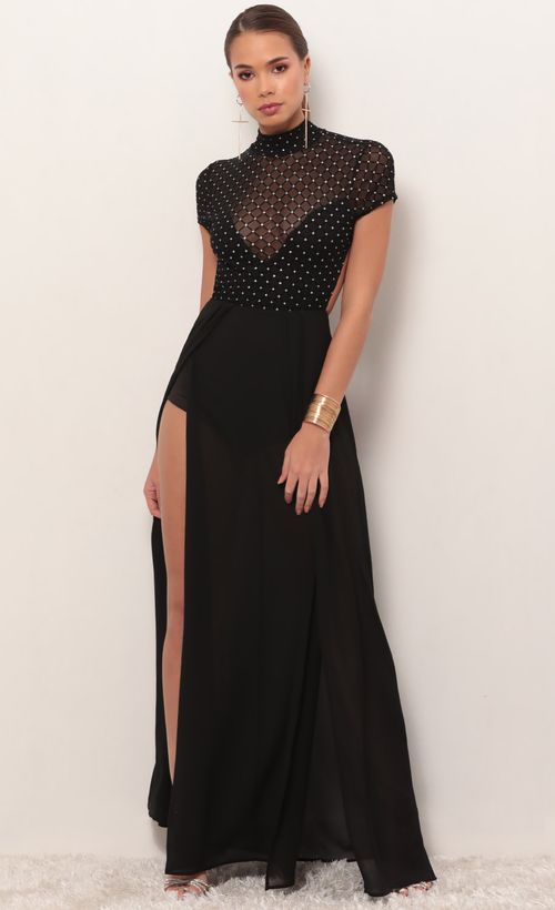 Picture Couture Black Diamond Mesh Maxi Dress. Source: https://media.lucyinthesky.com/data/Feb19_2/500xAUTO/781A0823.JPG