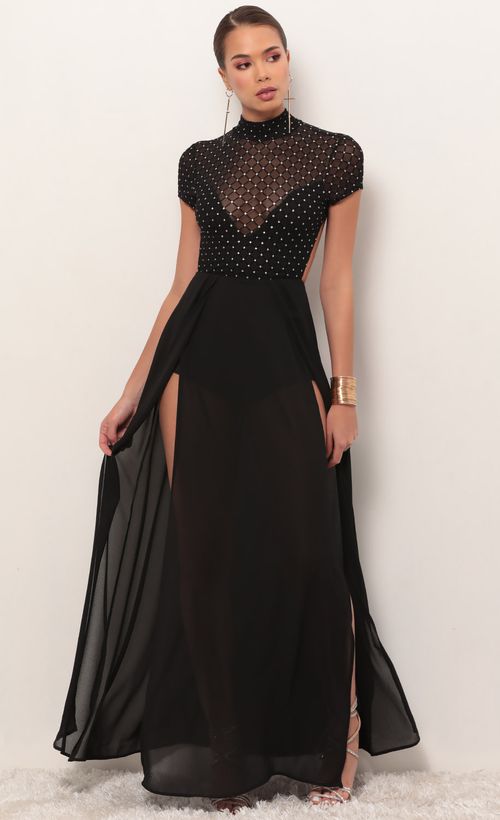 Picture Couture Black Diamond Mesh Maxi Dress. Source: https://media.lucyinthesky.com/data/Feb19_2/500xAUTO/781A0830.JPG