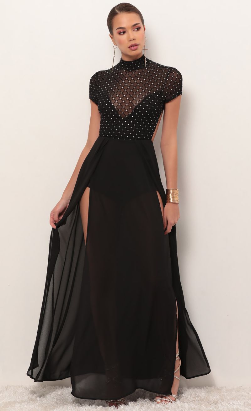 Picture Couture Black Diamond Mesh Maxi Dress. Source: https://media.lucyinthesky.com/data/Feb19_2/800xAUTO/781A0830.JPG