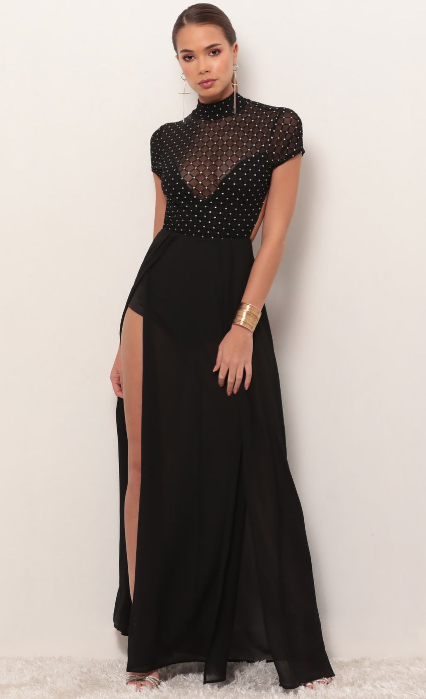 Picture Couture Black Diamond Mesh Maxi Dress. Source: https://media.lucyinthesky.com/data/Feb19_2/850xAUTO/781A0823.JPG