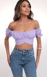 Picture Mariana Lavender Ruched Wrap Top. Source: https://media.lucyinthesky.com/data/Feb20_1/150xAUTO/781A3314.JPG