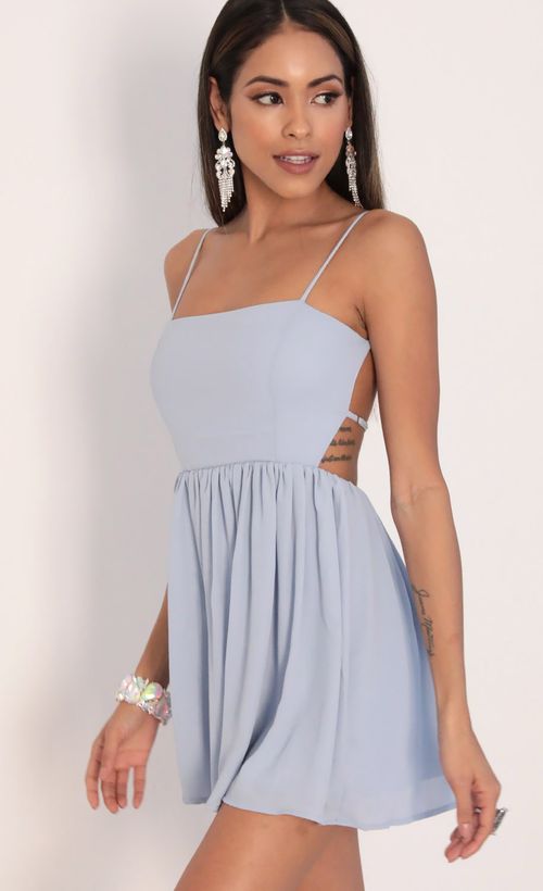 Picture Janey Chiffon A-line Dress in Dusty Blue. Source: https://media.lucyinthesky.com/data/Feb20_1/500xAUTO/781A0867.JPG