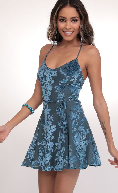 Picture Floral Burnout Velvet A-line Dress In Teal. Source: https://media.lucyinthesky.com/data/Feb20_1/500xAUTO/781A2621.JPG