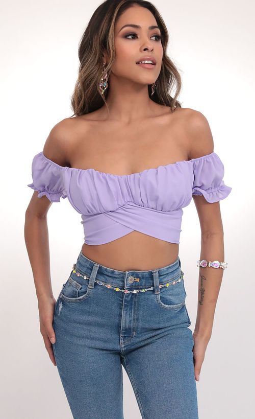 Picture Mariana Lavender Ruched Wrap Top. Source: https://media.lucyinthesky.com/data/Feb20_1/500xAUTO/781A3314.JPG