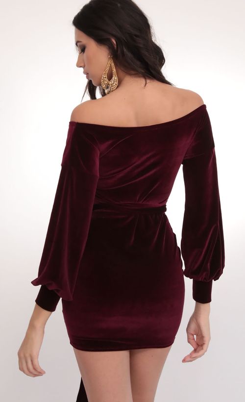 Picture Off The Shoulder Wine Velvet Dress. Source: https://media.lucyinthesky.com/data/Feb20_1/500xAUTO/781A3586.JPG