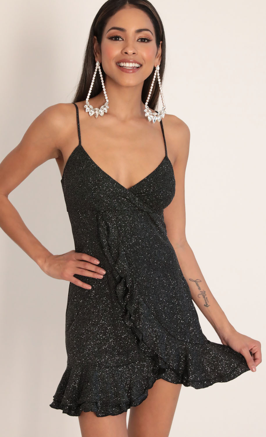 Party dresses > Rayna Asymmetric Sparkling Ruffle Dress in Black