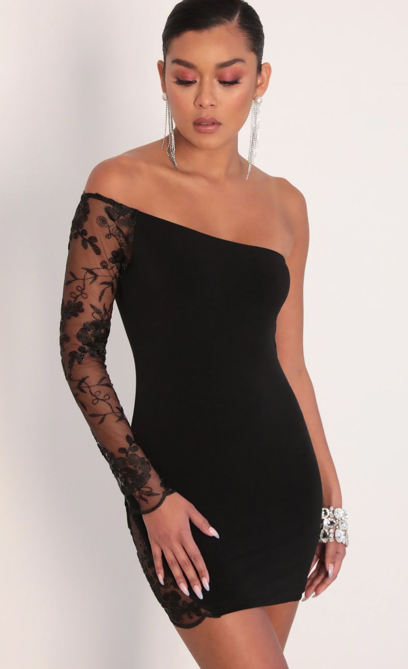 Picture Nika Asymmetric Lace Dress in Black. Source: https://media.lucyinthesky.com/data/Feb20_1/800xAUTO/781A1857.JPG