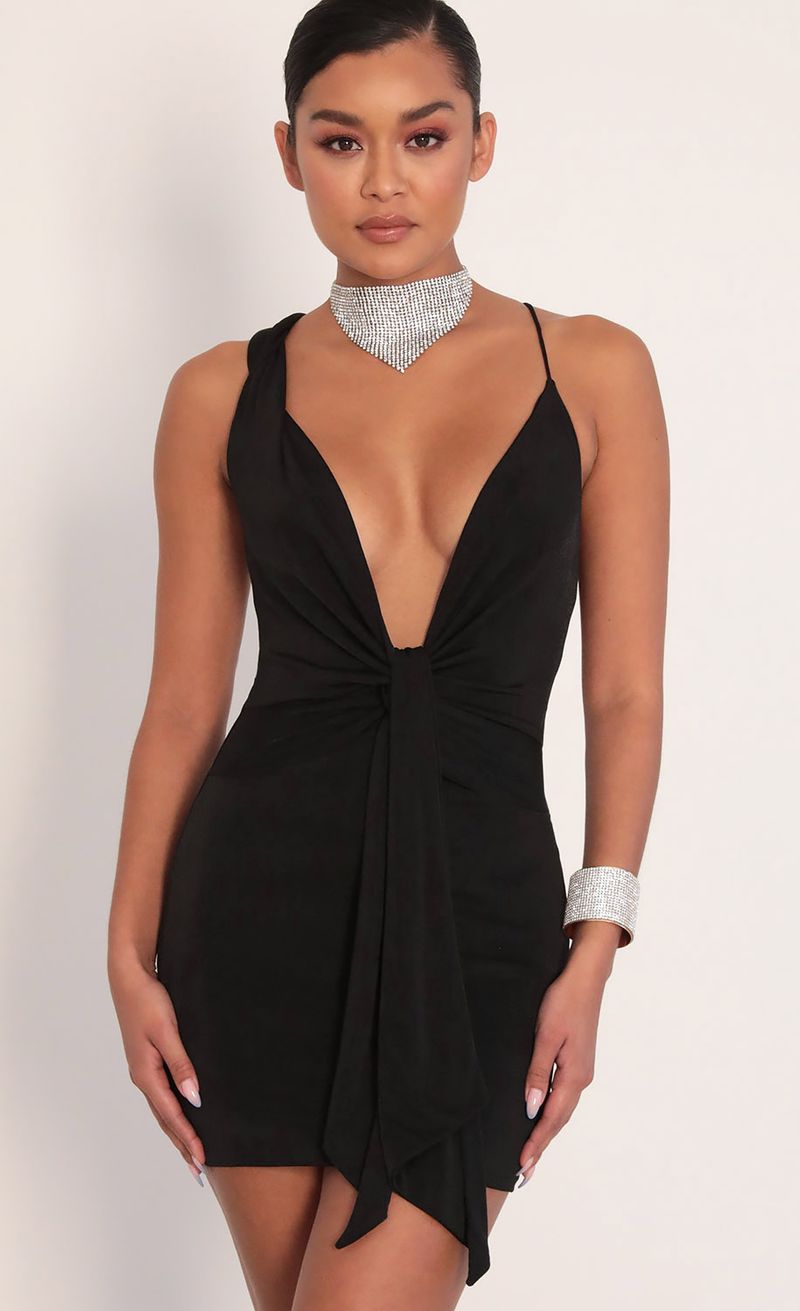 Picture April Plunge Knot Dress in Black. Source: https://media.lucyinthesky.com/data/Feb20_1/800xAUTO/781A3028.JPG