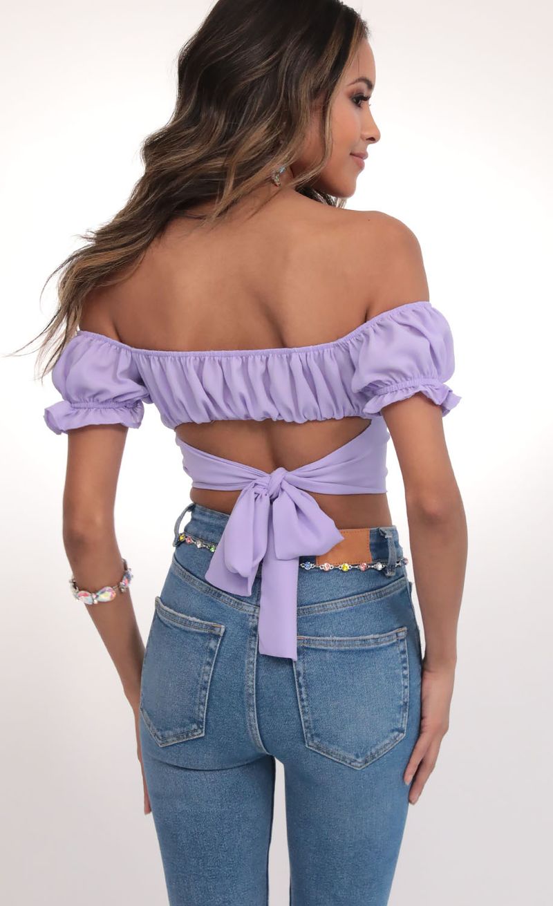 Picture Mariana Lavender Ruched Wrap Top. Source: https://media.lucyinthesky.com/data/Feb20_1/800xAUTO/781A3354.JPG