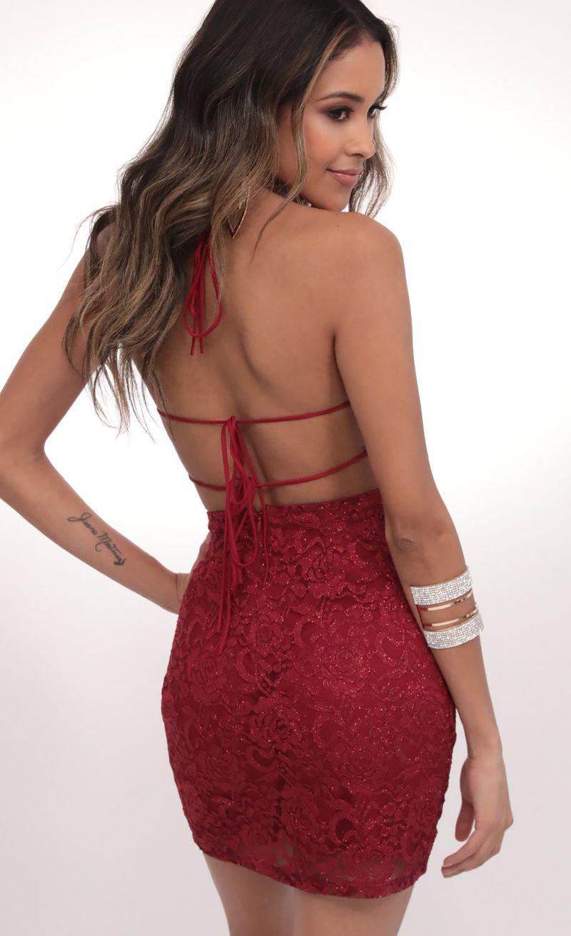 Picture Lustrous Shimmer Lace Dress in Ruby Red. Source: https://media.lucyinthesky.com/data/Feb20_1/800xAUTO/781A4393.JPG