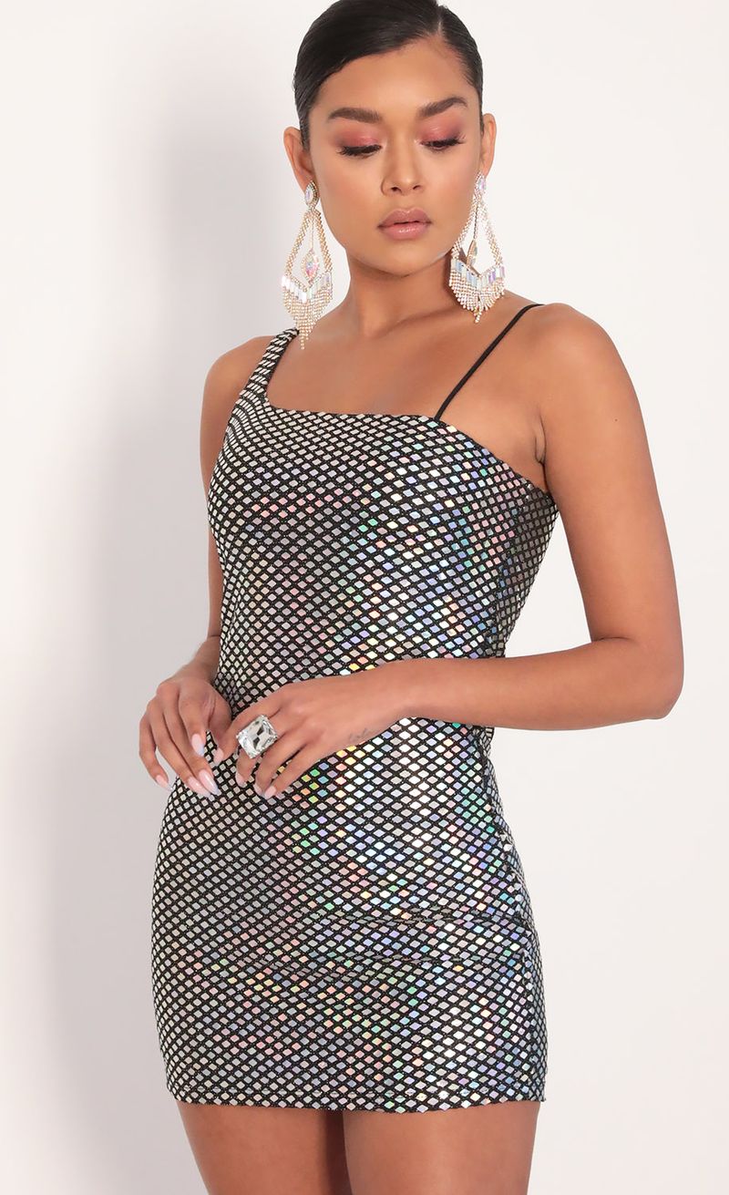 Picture Flaunt It Hologramic Dress in Black. Source: https://media.lucyinthesky.com/data/Feb20_1/800xAUTO/781A6930.JPG