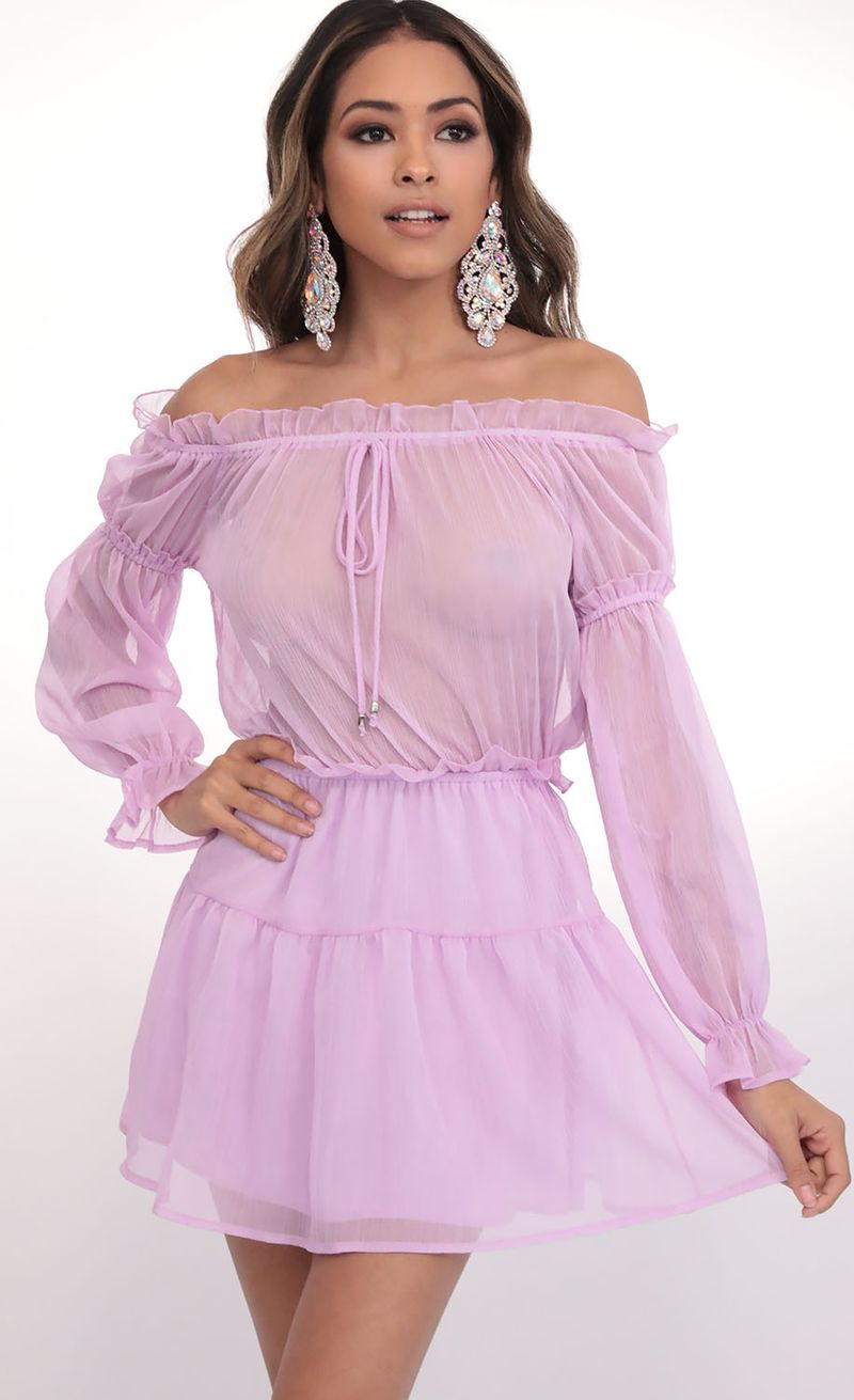 Picture Wild Thoughts Off The Shoulder Dress in Lilac. Source: https://media.lucyinthesky.com/data/Feb20_1/800xAUTO/781A7666.JPG