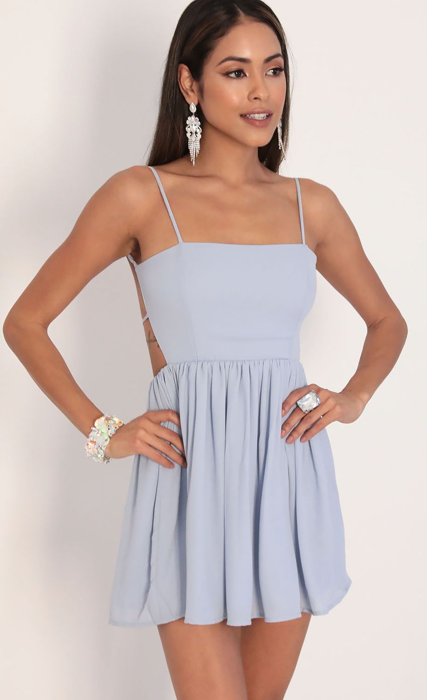 Picture Janey Chiffon A-line Dress in Dusty Blue. Source: https://media.lucyinthesky.com/data/Feb20_1/850xAUTO/781A0851.JPG