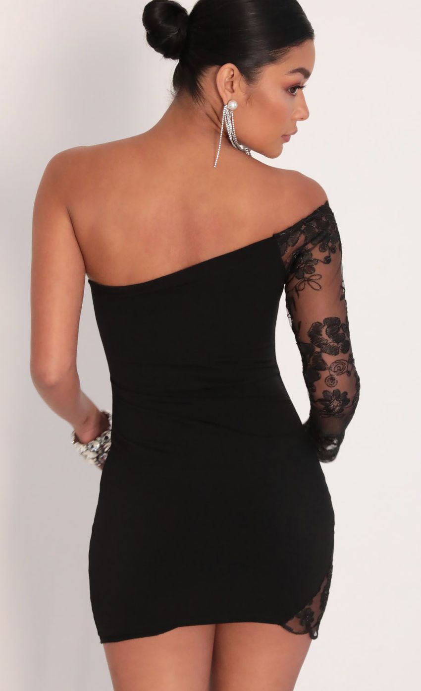 Picture Nika Asymmetric Lace Dress in Black. Source: https://media.lucyinthesky.com/data/Feb20_1/850xAUTO/781A1919.JPG