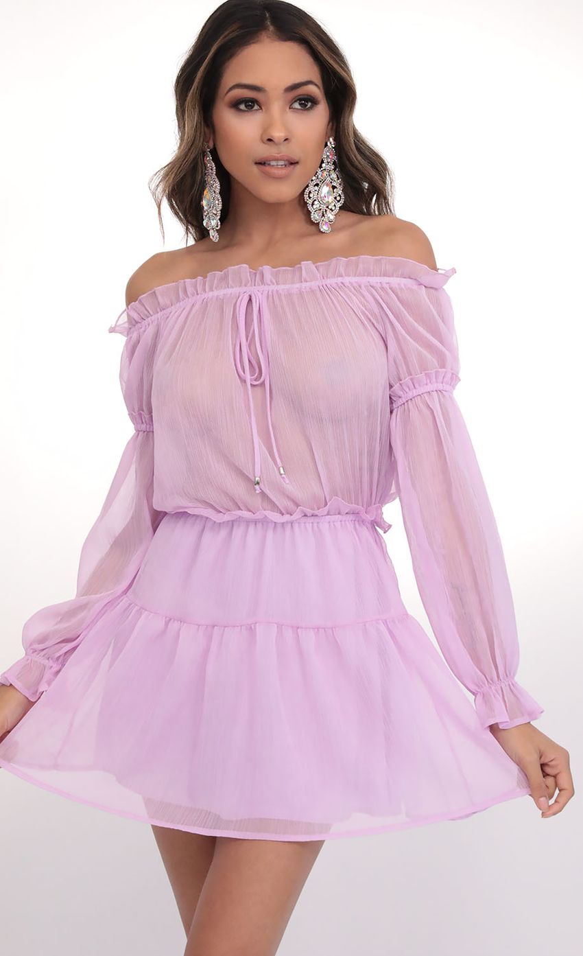 Picture Wild Thoughts Off The Shoulder Dress in Lilac. Source: https://media.lucyinthesky.com/data/Feb20_1/850xAUTO/781A76641.JPG