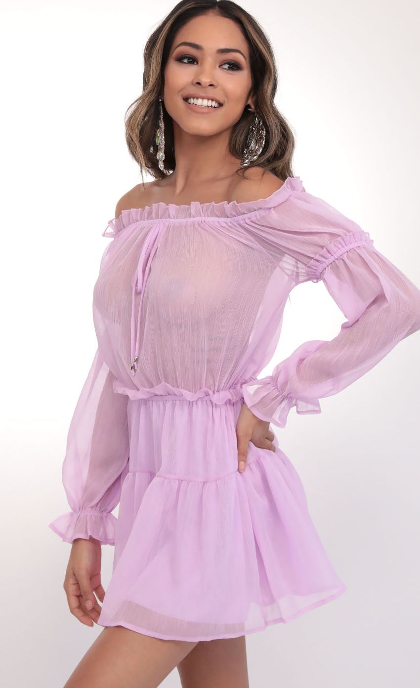 Picture Wild Thoughts Off The Shoulder Dress in Lilac. Source: https://media.lucyinthesky.com/data/Feb20_1/850xAUTO/781A7681.JPG