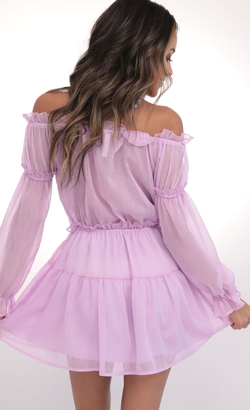 Picture Wild Thoughts Off The Shoulder Dress in Lilac. Source: https://media.lucyinthesky.com/data/Feb20_1/850xAUTO/781A7694.JPG
