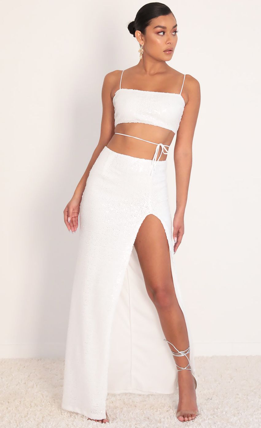 Picture Gala Sequin Maxi Set in White. Source: https://media.lucyinthesky.com/data/Feb20_1/850xAUTO/781A9519.JPG