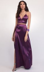 Picture Madeline Satin Maxi Set in Purple. Source: https://media.lucyinthesky.com/data/Feb20_2/150xAUTO/781A0229.JPG